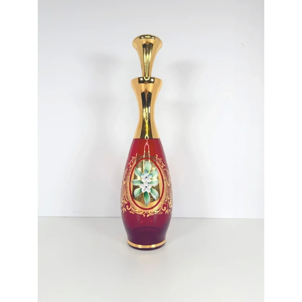 Czech Ruby Red Glass Decanter Hand-Painted Gold & Enamel Floral Design‎ VTG